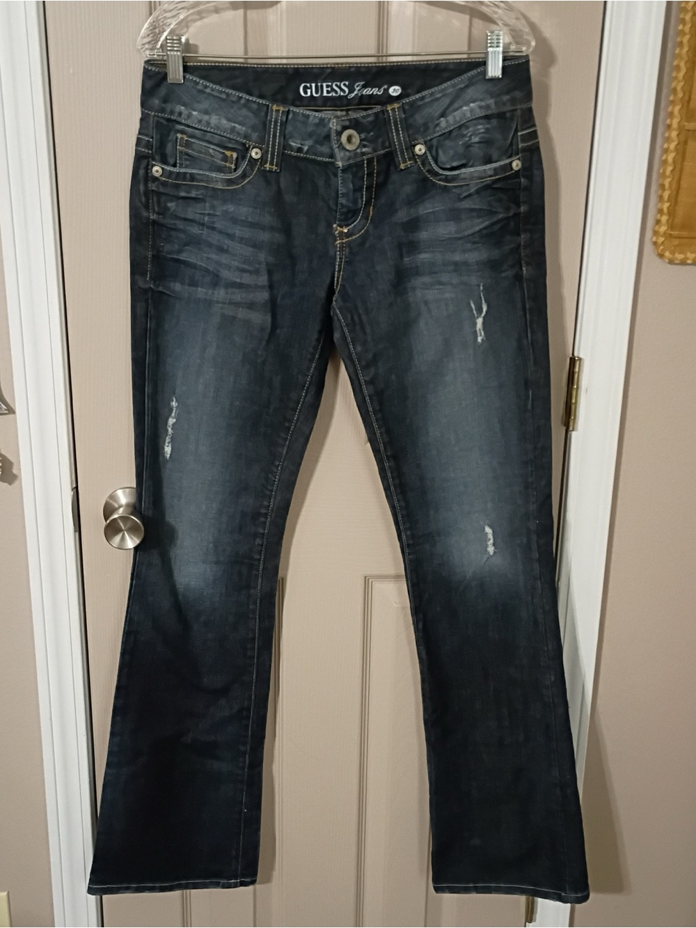Guess Jeans Daredevil Boot Cut Y2K dark wash distressed jeans.  Size 30.